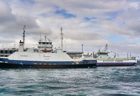 Stavanger, Norway - July 26, 2015:  Ferry moored in the port. Fjord - Boknafjord, county Rogaland region Vestlandet. Traditional Ryfylke district.のeditorial素材