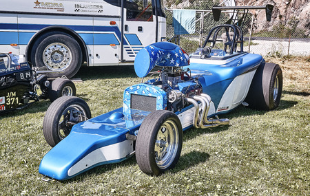 Froya island, Norway - 24 July 2016: Side of the racing car in blue and white  at cars show in norwegian Islanders Classic Car Club - Kysttreffet 2016.Island in the Atlantic Ocean and Norwegian fjord.のeditorial素材