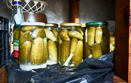 Lubaczow, Poland - August 17, 2016:  Traditional storage room in the old house. A salt cucumbers briefly stored. Region eastern Polish. Borderland areas of Poland and Ukrain.のeditorial素材