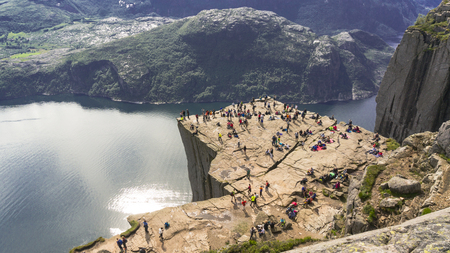 Preikestolen, Norway - July 27, 2016: View over the world famous Preikestolen - or pulpit rock - over the Lysefjord, Norwayのeditorial素材