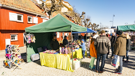 Kragero, Norway - April 12, 2015: The Norwegian Farmer's Market - Bondens marked, retail outlet for short-range food , where the products are locally produced manufactured the goods themselves.のeditorial素材