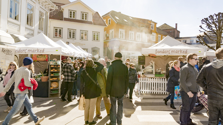 Kragero, Norway - April 12, 2015: The Norwegian Farmer's Market - Bondens marked, retail outlet for short-range food , where the products are locally produced manufactured the goods themselves.のeditorial素材