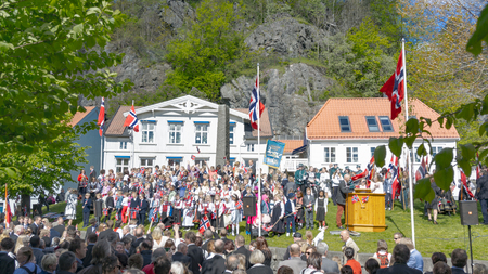 Kragero, Norway - May 17, 2015: National day in Norway. Norwegians at traditional celebration and parade.のeditorial素材