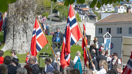 Kragero, Norway - May 17, 2015: National day in Norway. Norwegians at traditional celebration and parade.のeditorial素材