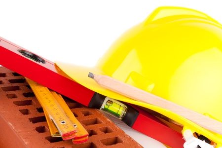 brick, tools and construction plansの写真素材