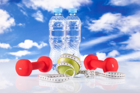 fitness equipment and appleの写真素材