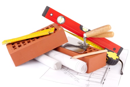 mason tools and house construction plans の写真素材