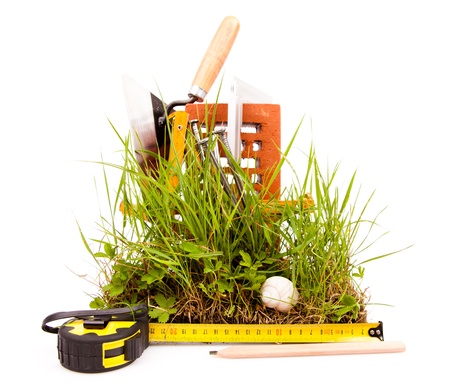 mason tools and green grass の写真素材