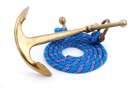 old marine anchor and blue rope 