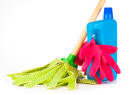 cleaning equipment isolated on whiteの写真素材