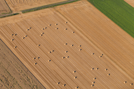 aerial view of hay rolls on harvest field