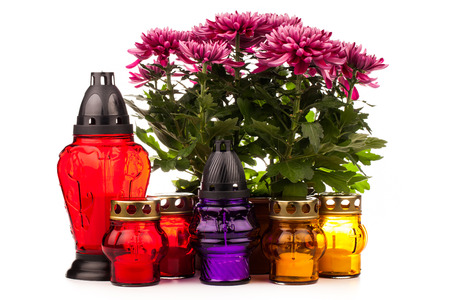 grave lantern and flovers isolated on whiteの写真素材