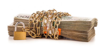 chain lock and money  isolated on whiteの写真素材