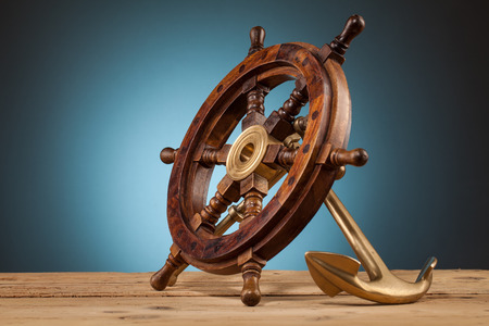 maritime adventure marine gadgets on wooden tableの写真素材