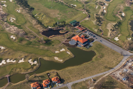 Aerial view over golf field in Polandの写真素材