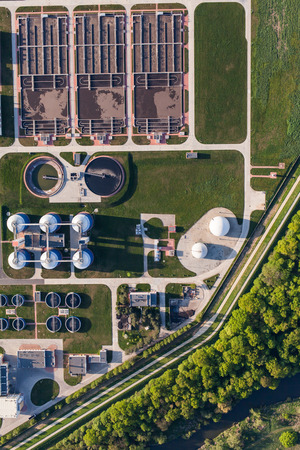 aerial view of sewage treatment plant in wroclaw city in Polandの写真素材