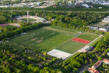 Aerial view of a football ground in Wroclaw city in Polandの写真素材