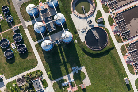 aerial view of sewage treatment plant in wroclaw city in Polandの写真素材