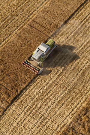 Wroclaw, Poland - July 22, 2015: aerial view of the combine on harvest field in Poland.のeditorial素材