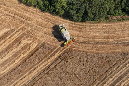 aerial view of combine on the harvest field in Polandの写真素材