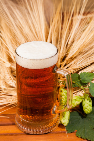 Glass of light beer and spikes of barley on tableの写真素材