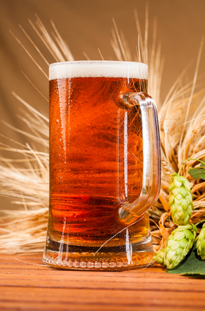 Glass of light beer and spikes of barley on tableの写真素材