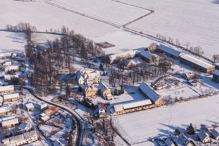 aerial view  over the harvest fields in winter  near Piotrowice Nyskie village in Polandの写真素材