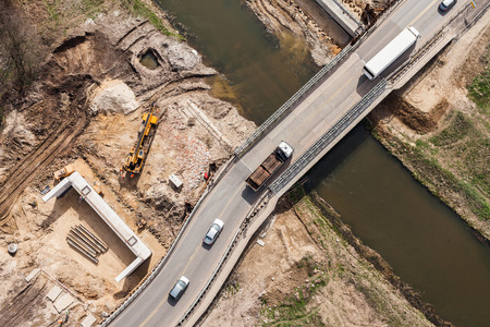 aerial view of the  rier and bridge building site in Polandの写真素材