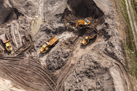 Aerial view of the working earth mover in Polandの写真素材