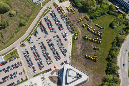 aerial view over crowded car parking  in Poland
