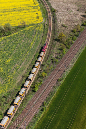 aerial view of the train on the railway track in Polandの写真素材