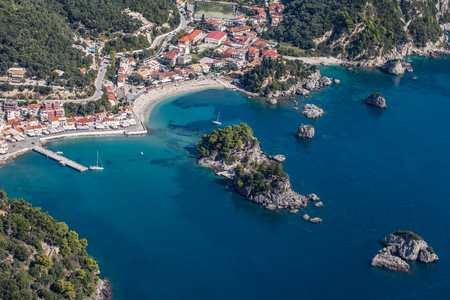 aerial view of the blue water coast line in Greece near Parga  townの写真素材