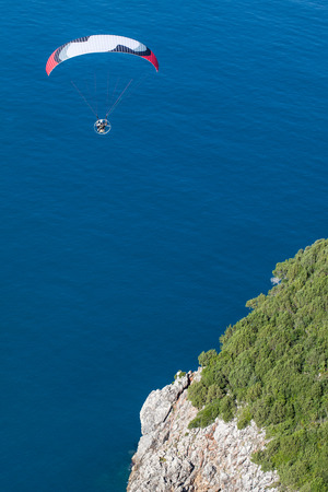 aerial view of the paraglider over the coast line in Greeceの写真素材