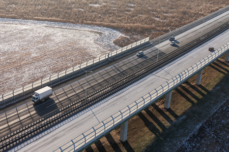 winter aerial view of highway  in Polandの写真素材