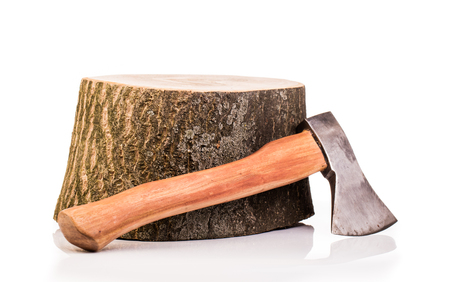 wooden  log and axe isolated on whiteの写真素材
