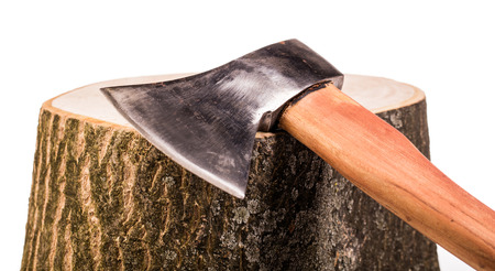 wooden  log and axe isolated on whiteの写真素材