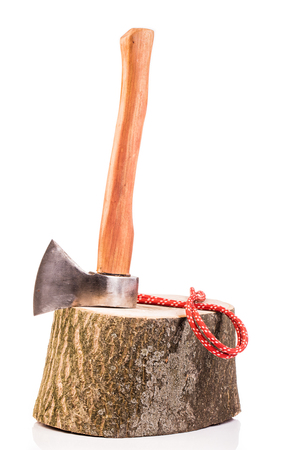 wooden  log and axe isolated on whiteの写真素材
