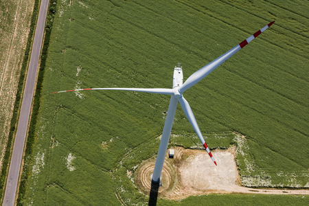 aerial view of the wind farm and harvest fields near Lasowice  village near Otmuchow town  in Poland