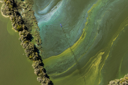 Aerial view of the green lake near Nysa City in Polandの写真素材