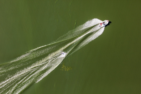 Aerial view of the green lake near Nysa City in Poland