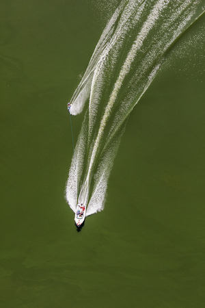 Aerial view of the green lake near Nysa City in Poland