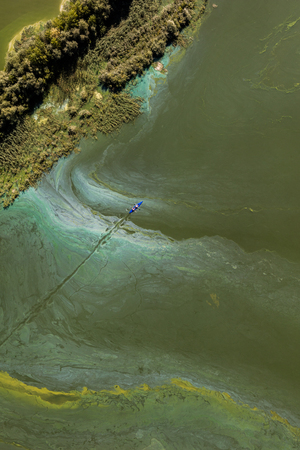 Aerial view of the green lake near Nysa City in Poland