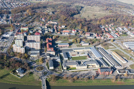 Aerial view over the Nysa city center in Polandの写真素材