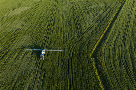 aerial view of the harvest fields near Nysa city in Polandの写真素材