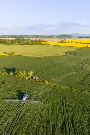 aerial view of the harvest fields near Nysa city in Polandの写真素材