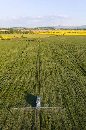 aerial view of the harvest fields near Nysa city in Polandの写真素材