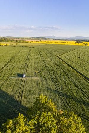 aerial view of the harvest fields near Nysa city in Polandの写真素材