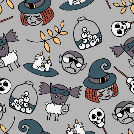 Halloween illustration vector collection. Cute clip art set in spooky theme. Autumn October holiday seasonal graphic elements design. Cartoon drawing in simple flat style halloween theme in vector.のイラスト素材