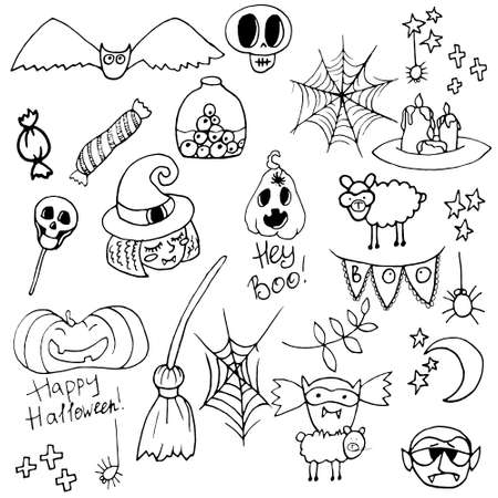 Halloween illustration vector collection. Cute clip art set in spooky theme. Autumn October holiday seasonal graphic elements design.のイラスト素材