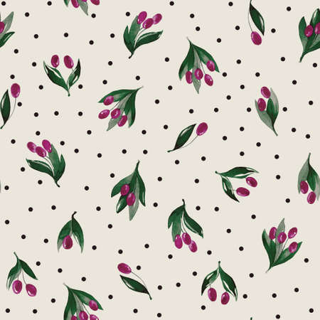 Seamless pattern with branches and berries. Watercolor handmade illustrations.の写真素材